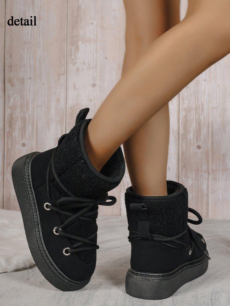 ქალის ზამთრის თბილი თოვლის ჩექმები მოცურებული საწმისის ხაზით მოქნილი პლატფორმის ტერფის ჩექმები ქალებისთვის კომფორტული შემთხვევითი მაქმანებიანი მოკლე ჩექმები ფეხსაცმელი