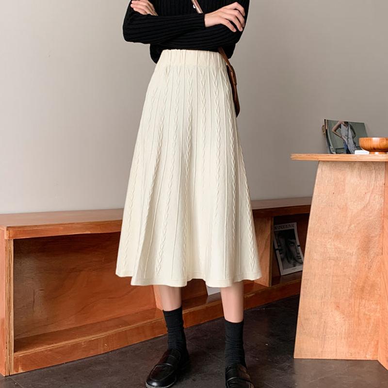 Thick Rib Knit Skirts Women Large Swing Casual Midi Skirts Autumn Elegant A-line Pleated Apricot Long Knitted Skirt