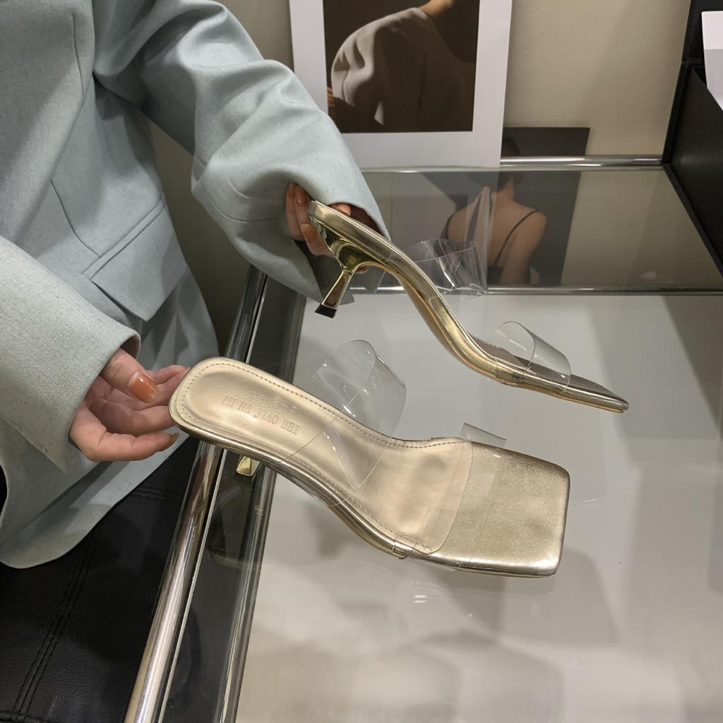 Light and Mature Style Transparent High-heeled Sandals for Women Looking Thin 2025 Summer Wear New Thin-heeled Medium-heeled Square-head Slippers