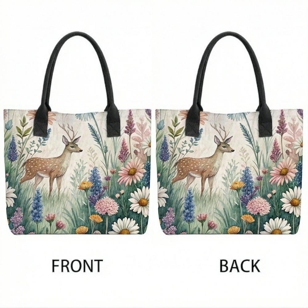 Cute Deer Floral Printed Casual Canvas Tote Bag for Daily Use