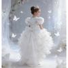Rochie elegantă pentru copii cu mâneci bufante, broderii, o trenă și o fustă de prințesă pe straturi – perfectă pentru petreceri de ziua de naștere și ca rochie de domnișoară de onoare
