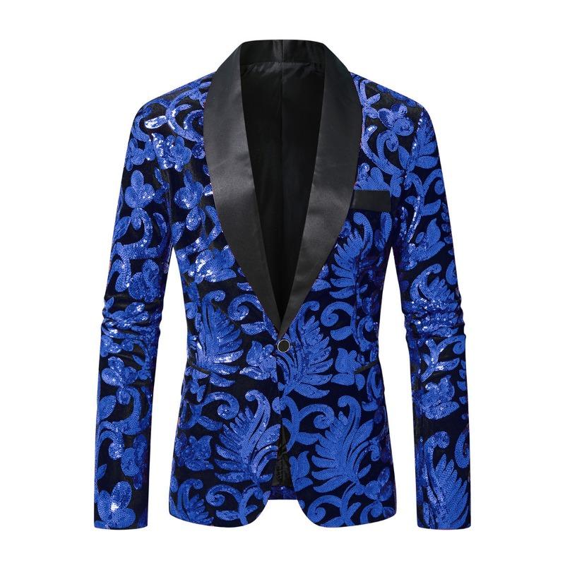 Mens Sequin Velvet Blazer Jacket Fashion Party Stage Performance Nightclub Suit Coat