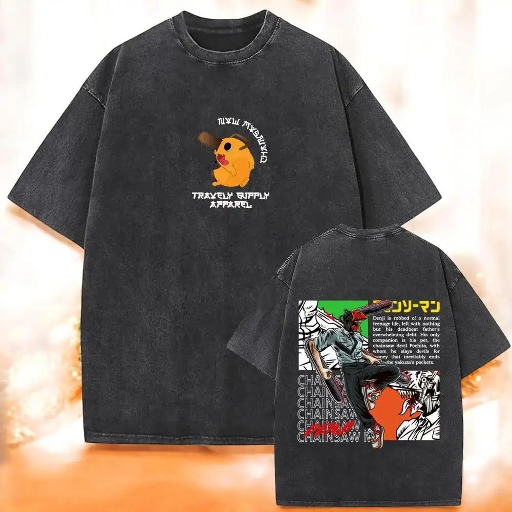 Chainsaw Man Power Blood Devil Vintage Wash Double-Sided Oversized T-Shirt, Unisex Anime Fan Streetwear Tee, 100% Cotton Casual Short Sleeve Top