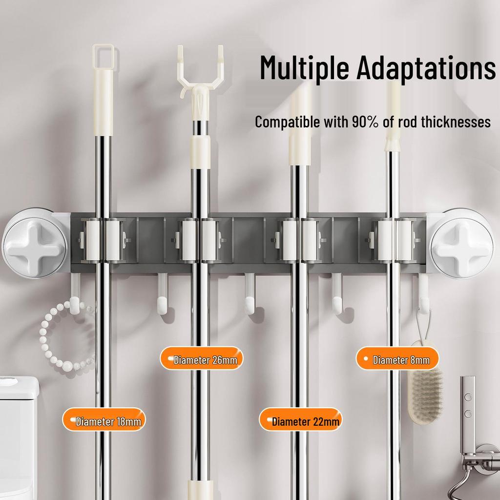 Wall-Mounted Suction Cup Mop & Broom Holder - No Drilling, Light Luxury Storage