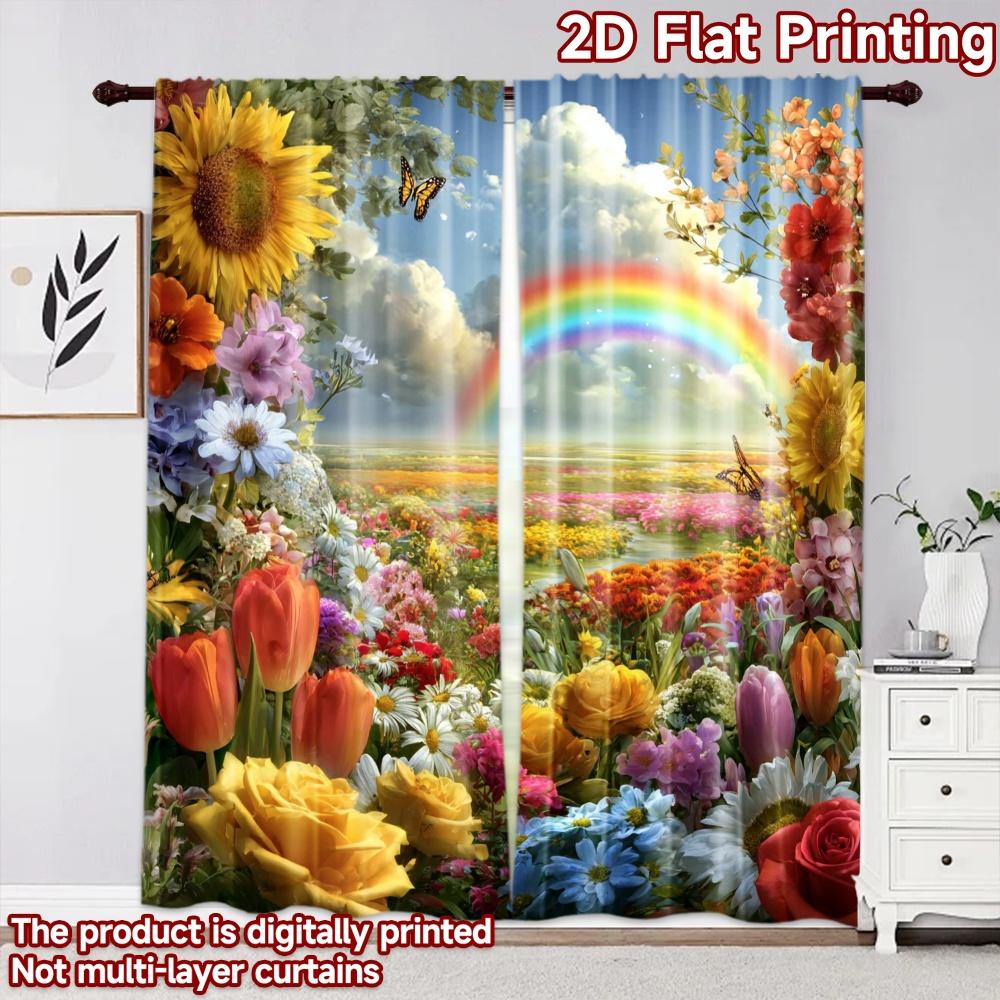 2D flat printing 2pcs Curtain Party Curtains Spring Rainbow Fields Digital Printed Polyester Drapes Family Party Decoration Use