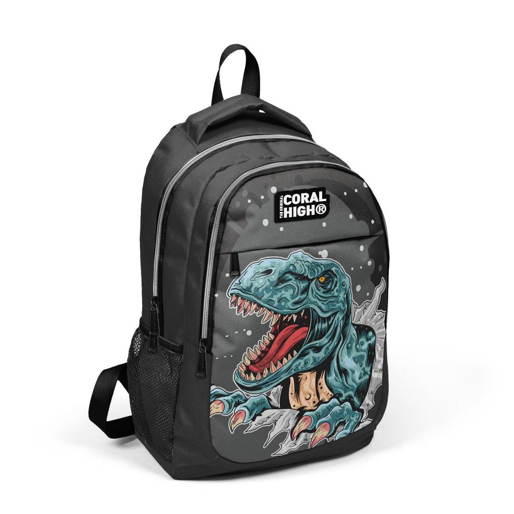 Tříkomorový USB školní batoh Coral High Kids Dark Grey Black se vzorem dinosaura 23420