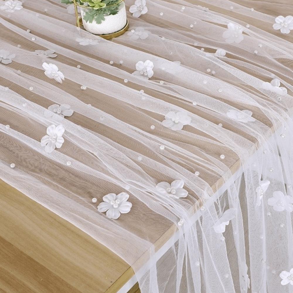 Elegant Flower Pearl Tablecloth Romantic Pearl Embellishments Tulle Fabric Tablecloth Decorative Semi-Transparent