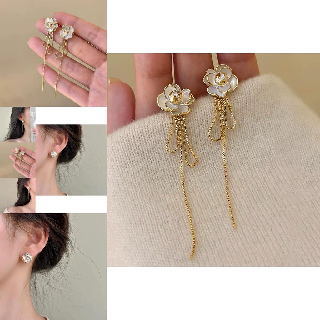 Elegant And Stylish Alloy Camellia Tassel Earrings Long And Slim Ear Thread Women's Fashion Accessories