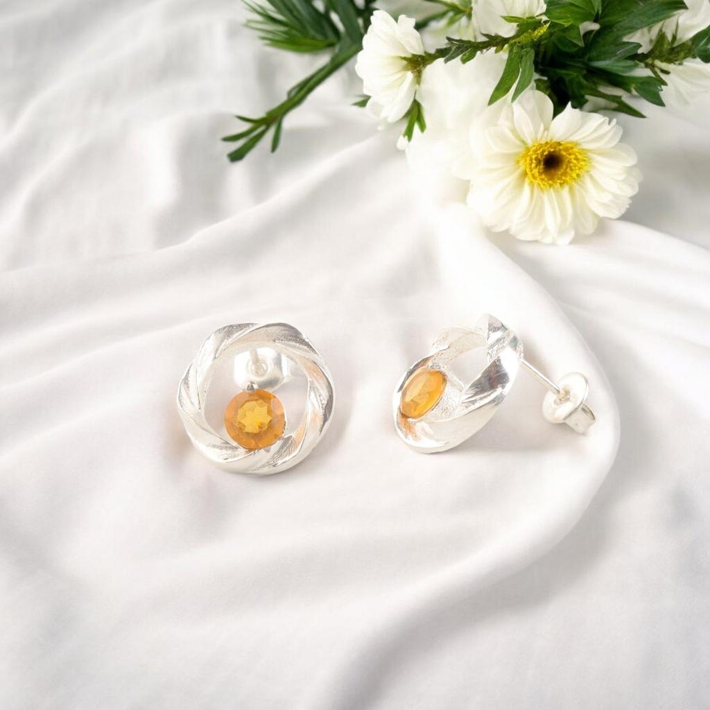 Natural Citrine Silver Stud Earrings, Yellow Gemstone Handmade Sterling Jewelry CE-13-1