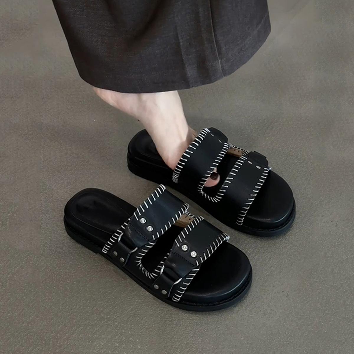 

Версия из овчины~ Удобные женские крутые шлепанцы на толстой подошве, модные с двухбортной пряжкой-ремнем, на одном педале, удобная плоская подошва, однословные 40 чёрный