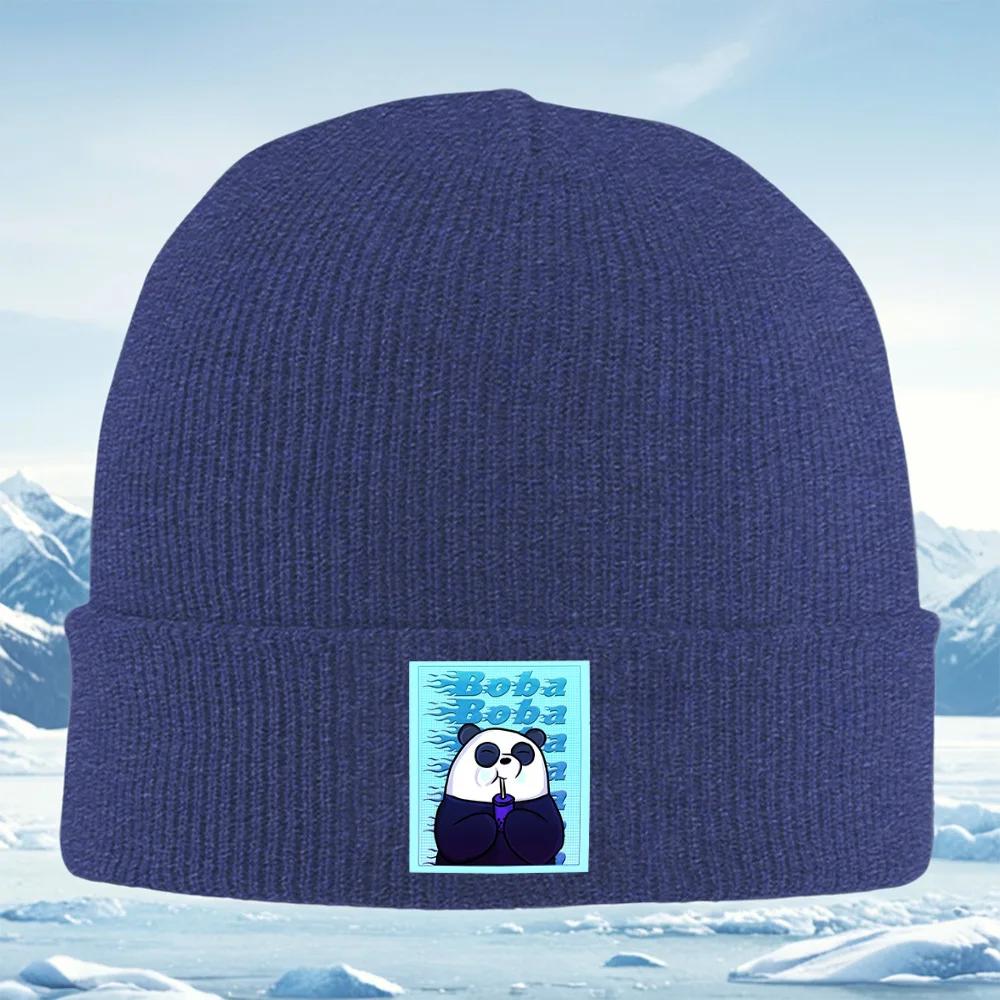Happy panda boba tea drink Unisex Women Unisex Knitted Hat Beanie Pullover Cap Winter Thermal Warm Christmas Outdoor Cycling Hiking
