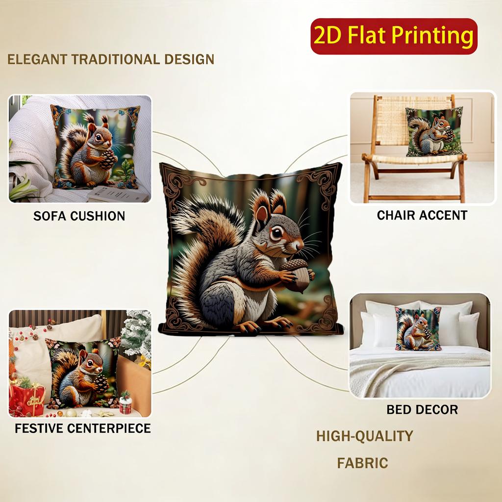 2D Cute Squirrels With Cones Decorative Pillow Covers Pattern Cushion Cover Suitable For Sofa Bedroom Car Pillow Cover