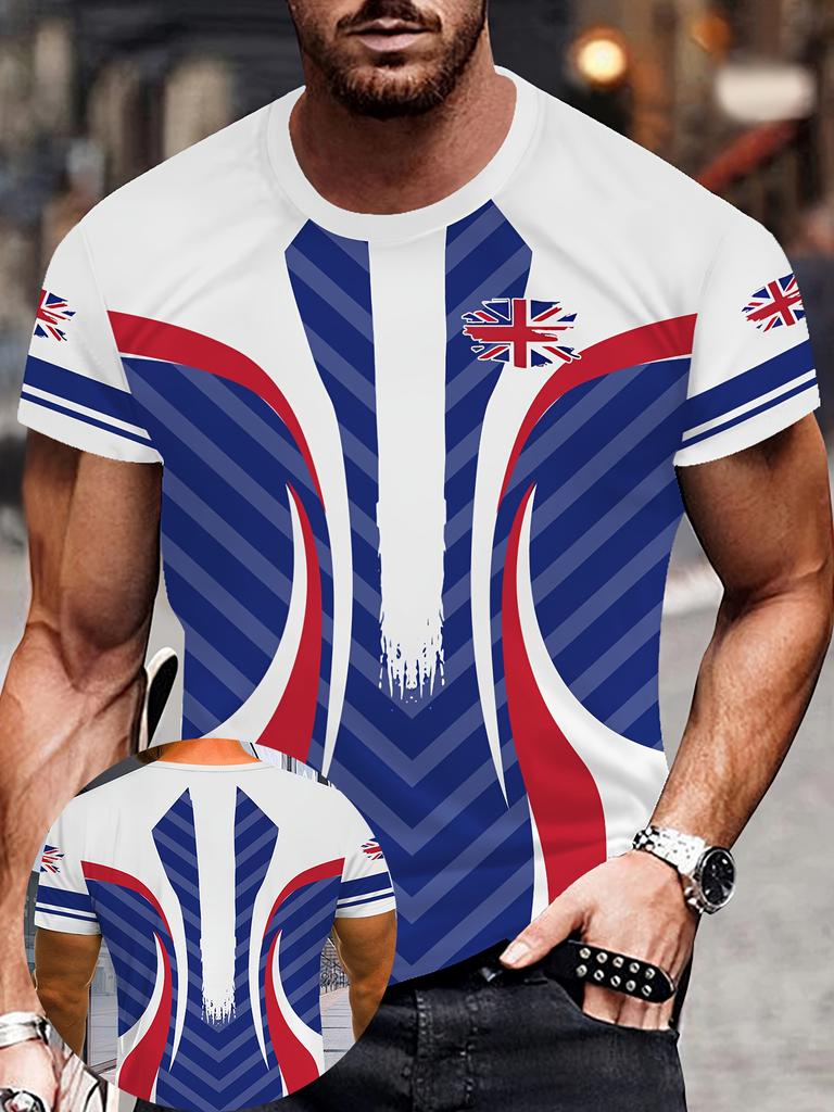 The British Flag Graphic 3D Print T-shirt for Men Summer Short Sleeve White & Blue O-neck Tees Casual Oversized Tops
