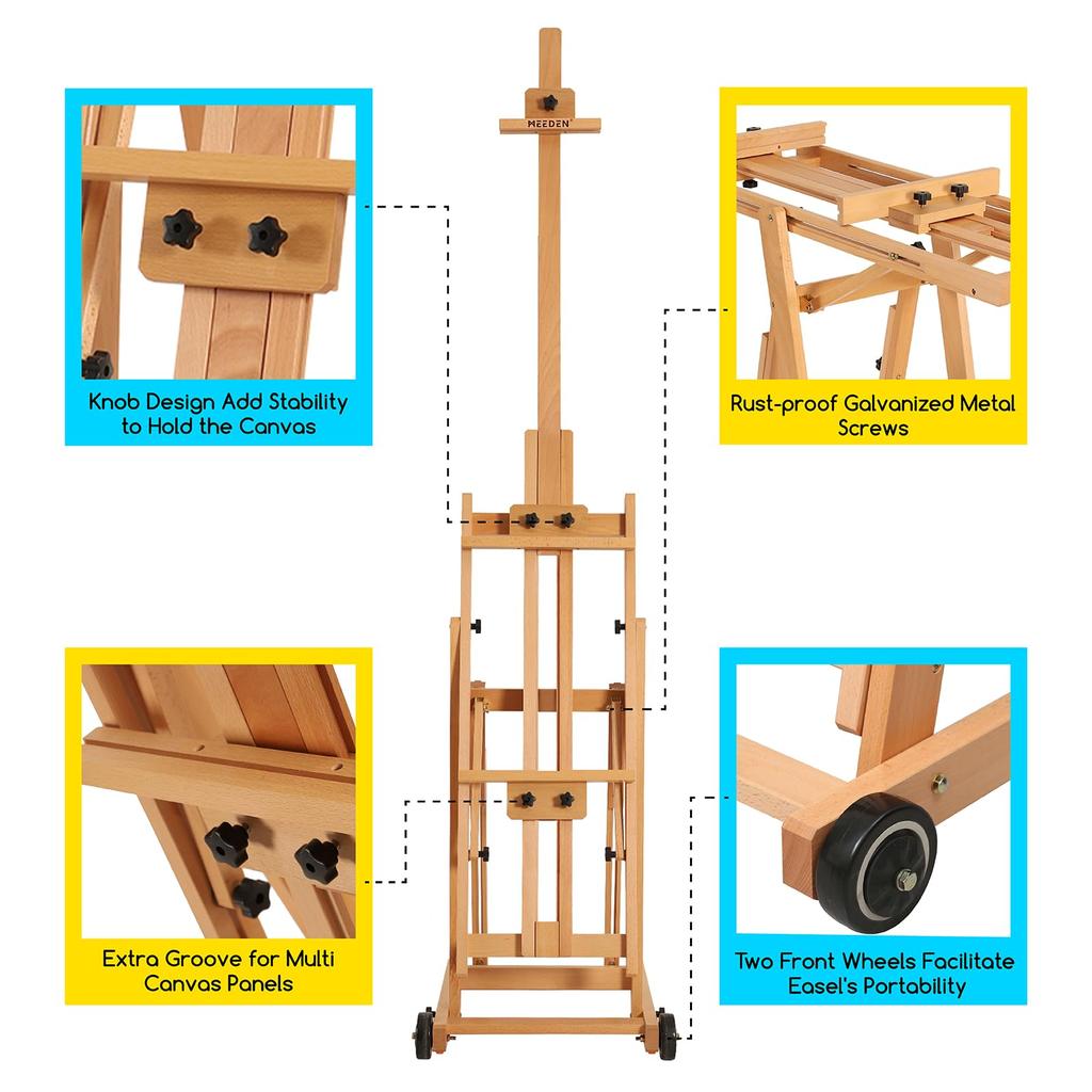 MEEDEN Easel Beech Wood Large Easel Angle Adjustable Horizontal Painting Movable Vertical Storage Supports 2 Stretched Canvases Up To 196cm Stretched