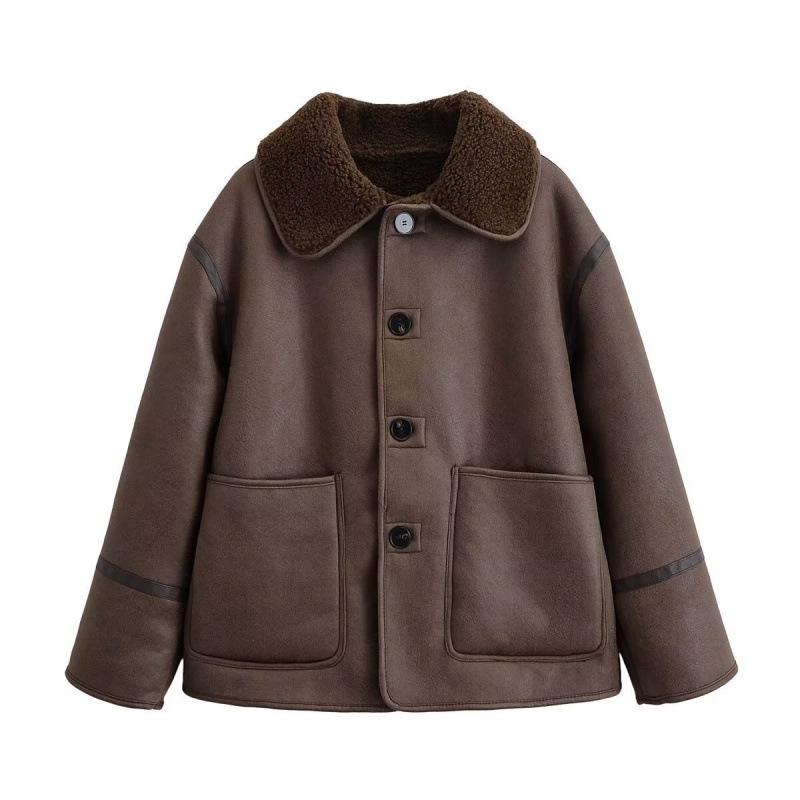 European & American Women s Fashion Suede High Neck Long Sleeve Jacket Coat XS