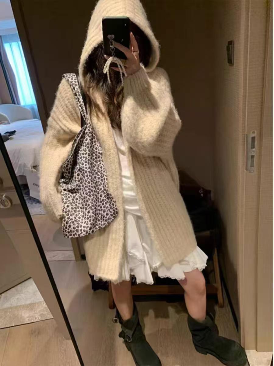 

Autumn and winter medium and long thickened knitted jacket women s retro hooded sweater cardigan women s loose lazy style top average size