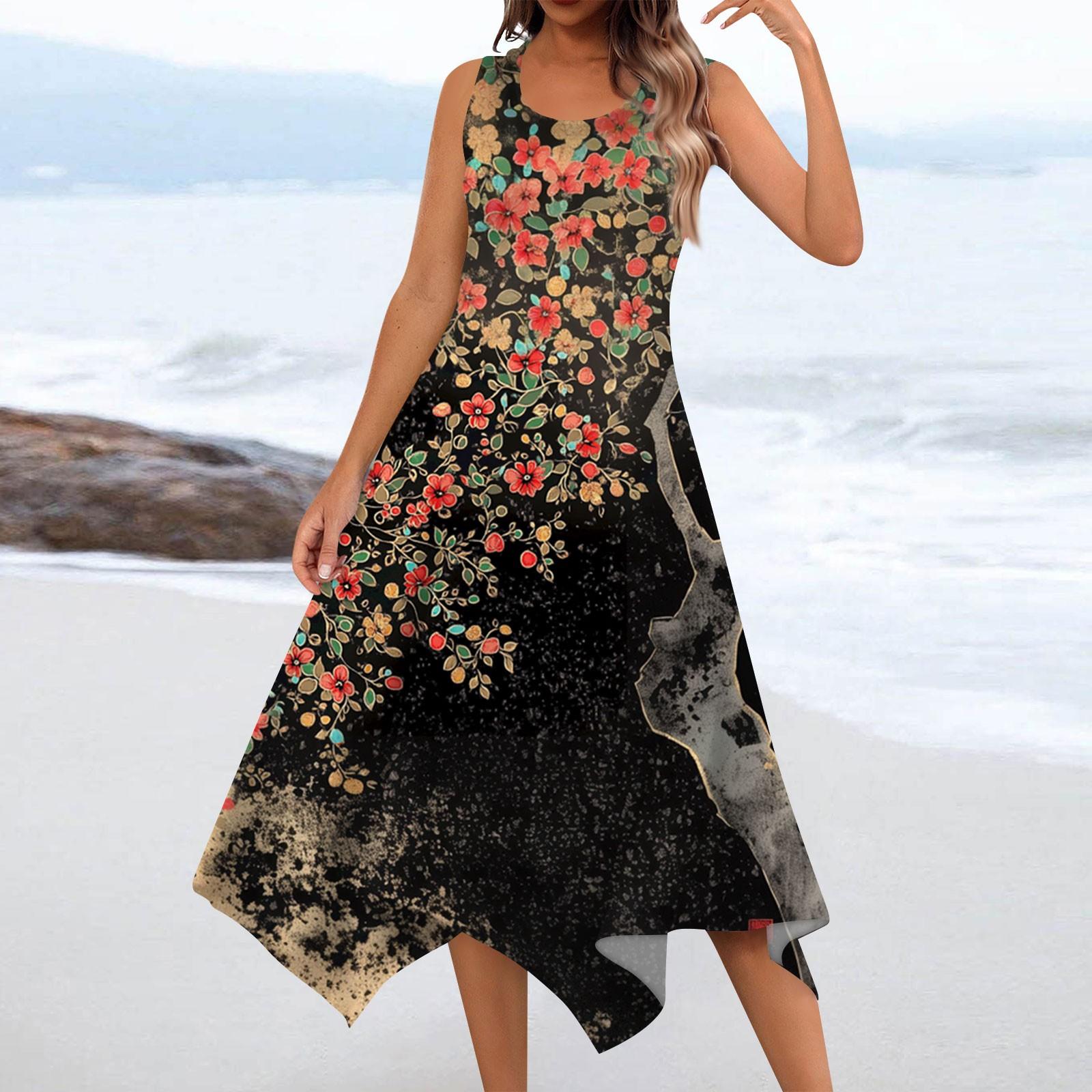 

Женское повседневное модное платье миди без рукавов с круглым вырезом и цветочным принтом, нерегулярный подол XL чёрный