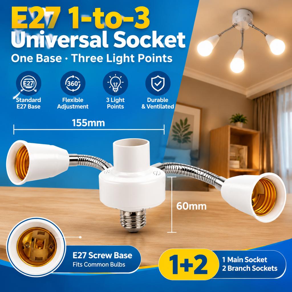 E27 Universal Socket with Flexible Arms (1-to-3/4/5/6)