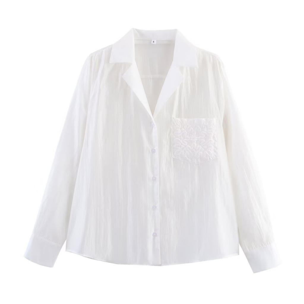 Fashion Ladies Lapel Long Sleeve Embroidered Pocket Decoration Shirt Tops For Women