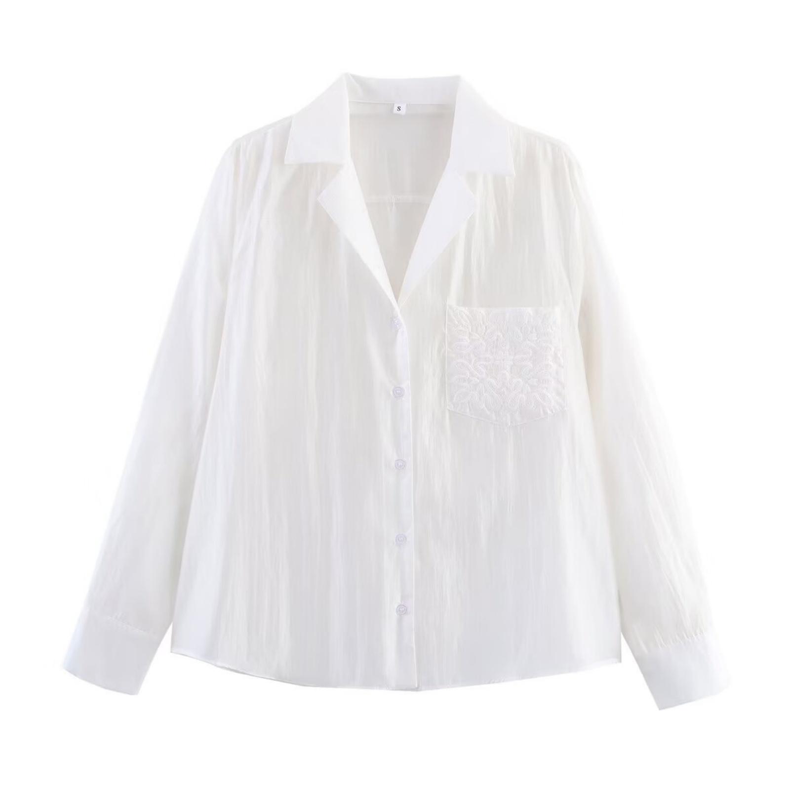 

Модная женская рубашка с лацканами, длинными рукавами, вышивкой и карманами для женщин M белый