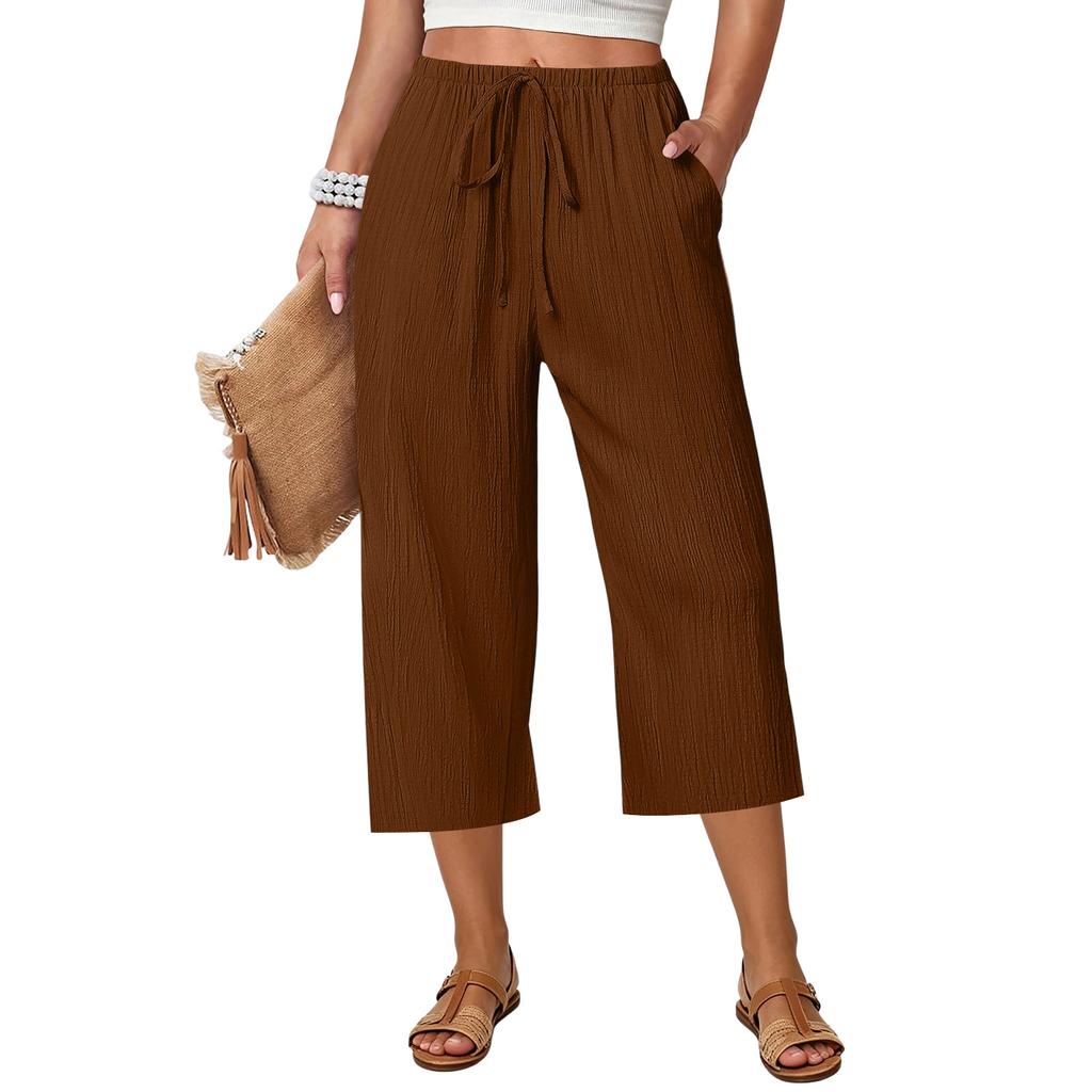 Women Drawstring Waist Wide Leg Pants Loose Fit Cropped Trousers Lightweight Elastic Waistband Casual Style