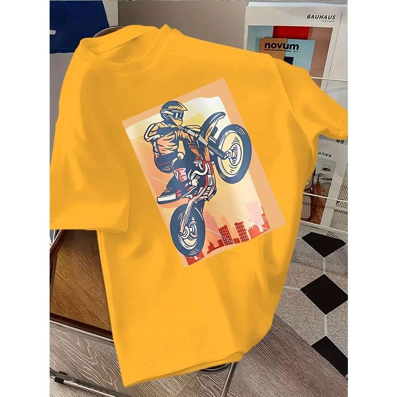 European Sizes Motorcyclist Leaping Over City Silhouette Graphic T-Shirt, Fashion Casual Fit for Casual Attire
