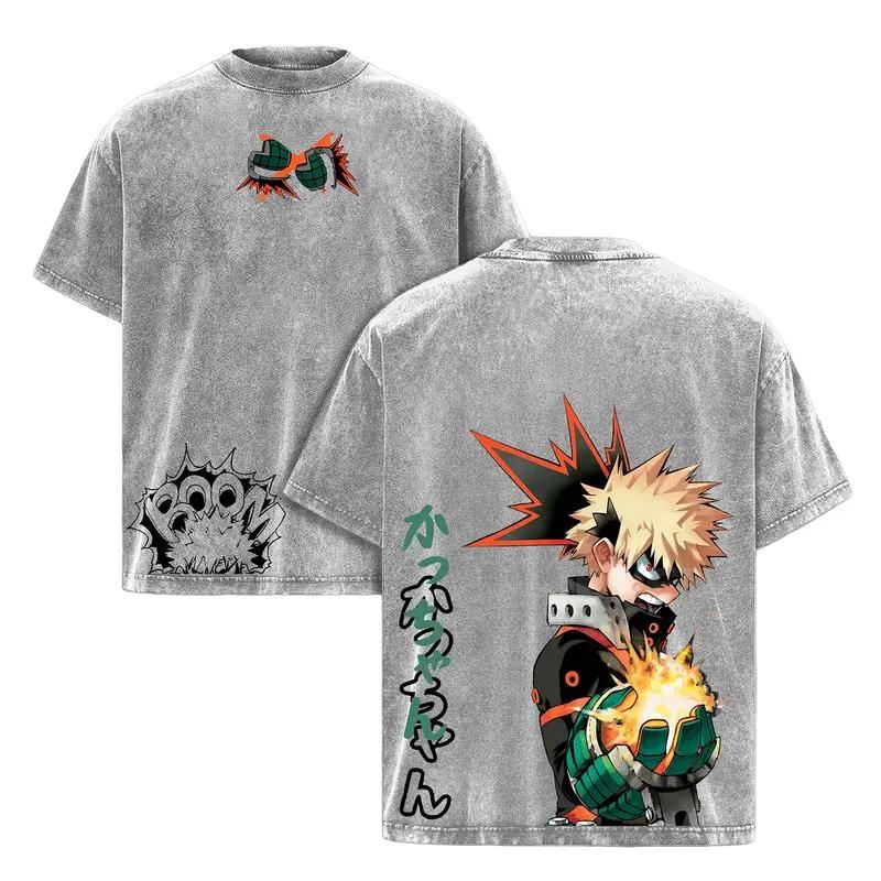 Anime My Hero Academia T-shirt Bakugou Katsuk Manga Vintage Washed Oversized Clothes Men's Clothing Cotton Short Sleeve Tee Tops