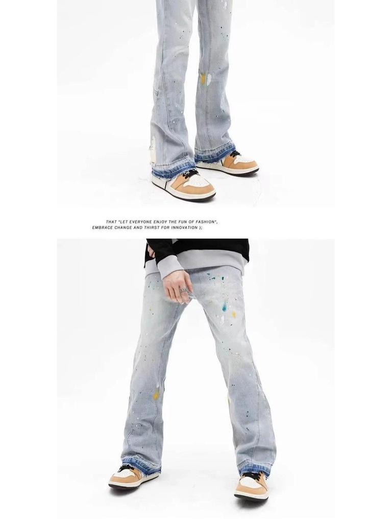 Pánské džíny do zvonu ve streetovém stylu s cákanci inkoustu pro jaro a podzim - Trendy, ležérní, volné, slim fit