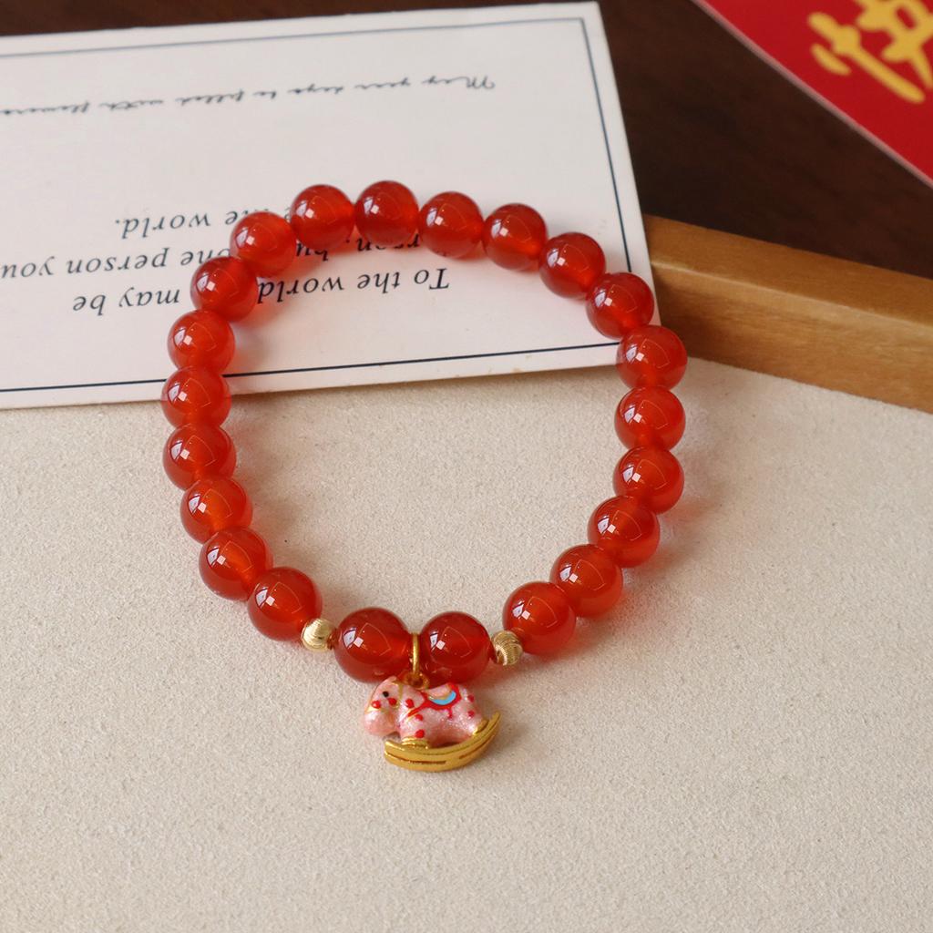 Natural Agate Bracelet, Round Bead Pony Pendant, Bracelet, Female Simple Handmade Elastic Rope Design Bracelet. Fashion Women Daily Jewelry Lucky Gift