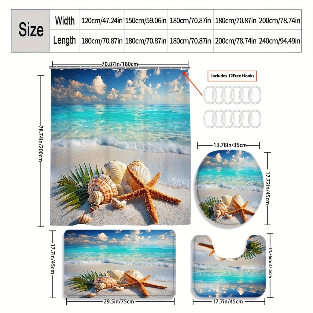 4Pcs Tropical Seashells Shower Curtain Set with Non-Slip Bath Mat, Toilet Lid Cover, Contour Rug & 12 Hooks, Bathroom Decor