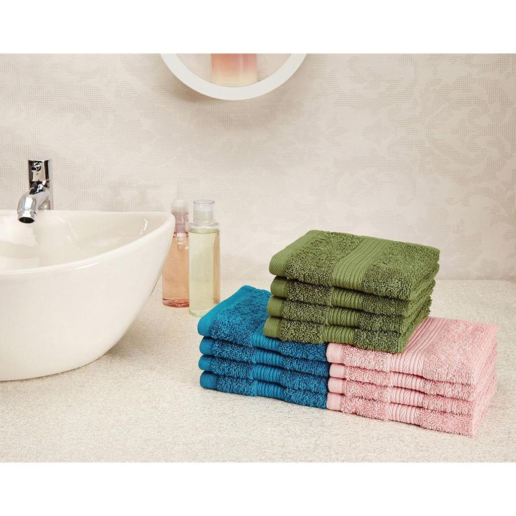 100% Cotton 12 Piece Towel Set, 500 GSM (Turquoise Blue, Olive Green and Baby Pink)