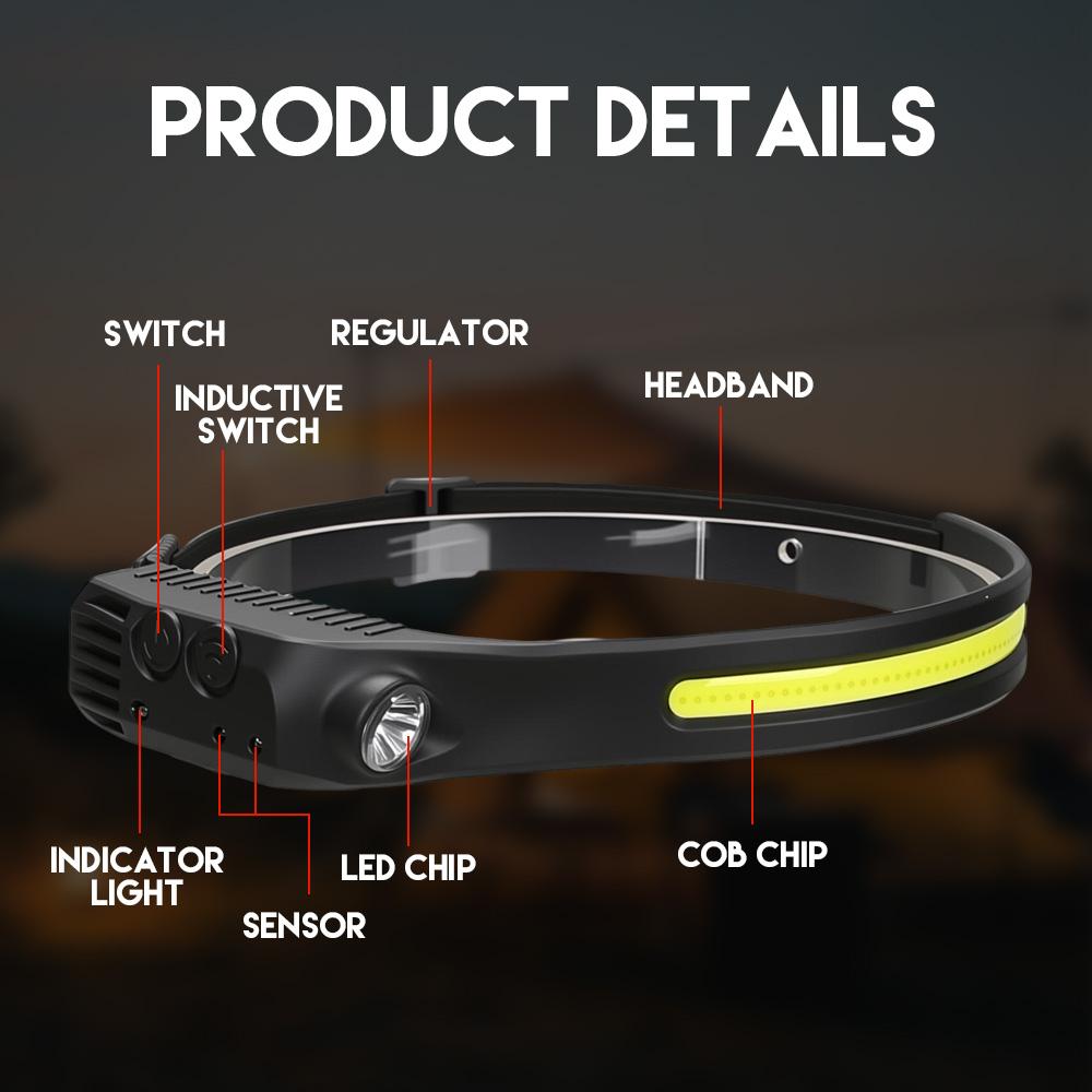 LED Sensor Headlamp Built-in Battery USB Rechargeable COB Head Flashlight Headlight LED Head Torch Camping Fishing Search Light
