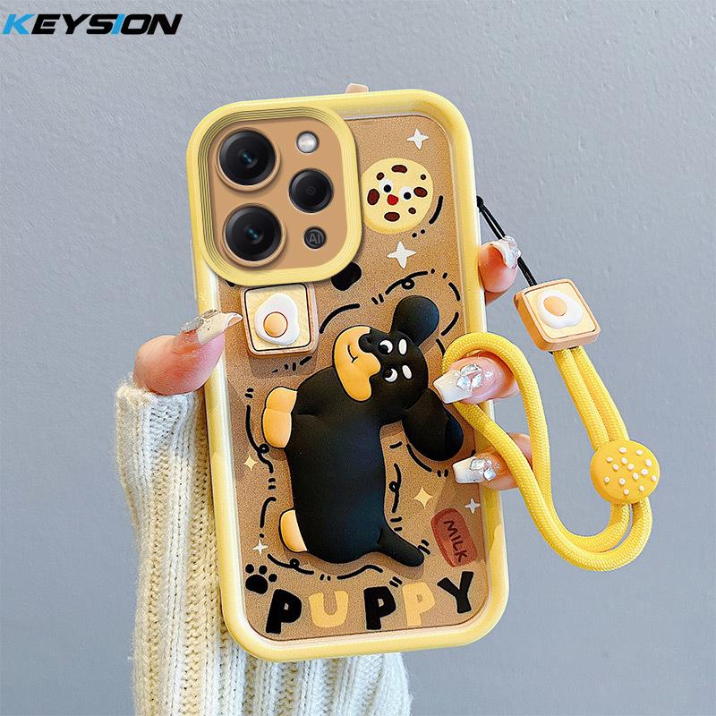 KEYSION Shockproof Case for Redmi 12 4G 5G with Lanyard Silicone Cute 3D Cartoon Doll Phone Cover for Xiaomi Redmi 12 5G