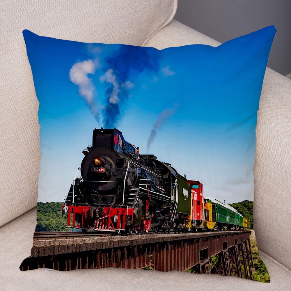 Pillowcase Vintage Style Steam Train Decor Retro Colorful Car Cushion Cover