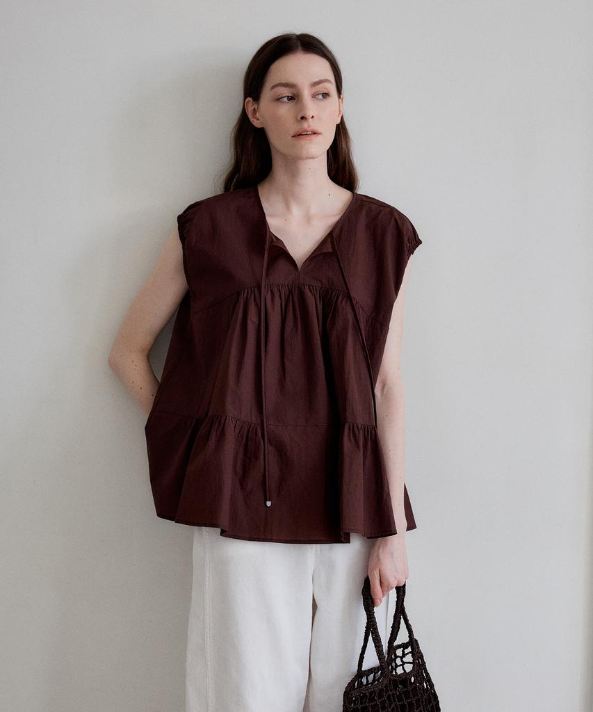 THEELO Shirred Panel Top Blouse (Brown)