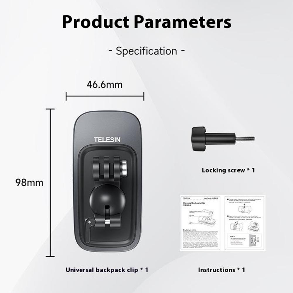 TELESIN GP-JFM-002 360 Degrees Adjustable Ball Head Backpack Clip Action Cameras Quick Release Mount Clamp