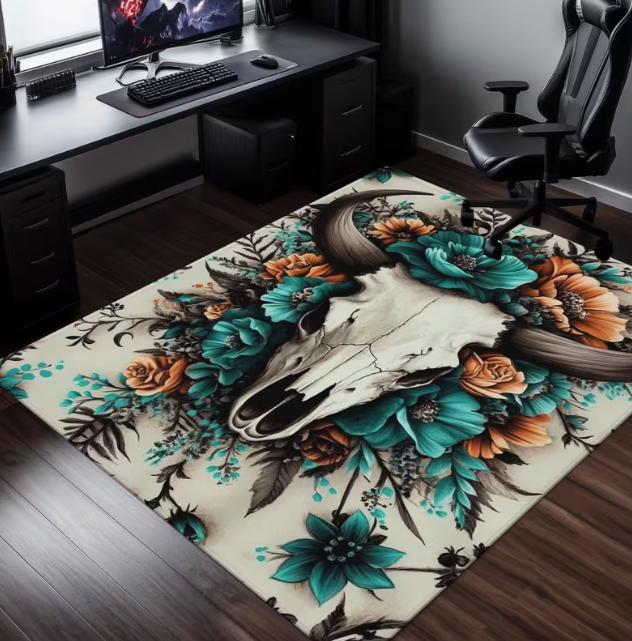 

Skeleton Bull Head Flower Decorative Carpet Anti Slip Floor Mat Suitable for Kitchen Living Room Camping Picnic Indoor Carpet 40x60cm