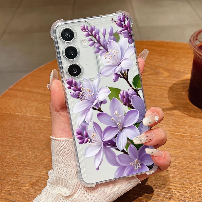 Blue Purple Flower Case For Samsung Galaxy S26 S25 S24 Ultra S23 S22 Plus S21 FE A54 A15 A25 A35 A55 A16 A26 A36 A56 A17 A37 A57 5G Clear Soft Cover