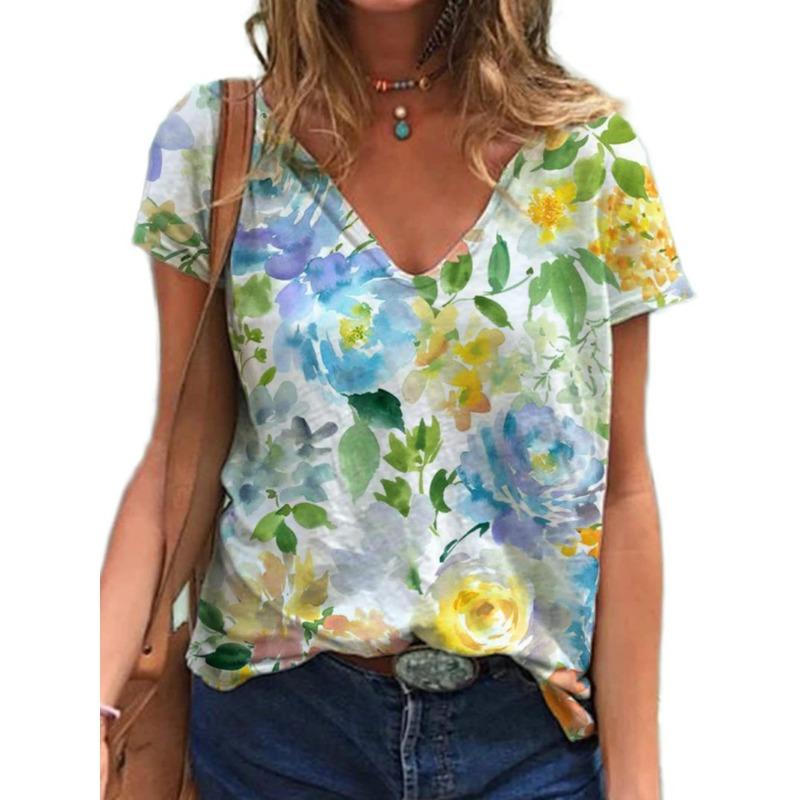 Summer V-neck 3D Mother's Day Alphabet Flower Printed Top Fashionable Casual Short Sleeved Women's T-shirts