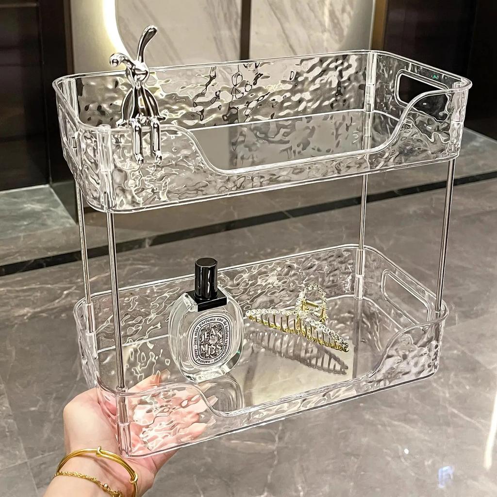 Gjennomsiktig akryl baderomsoppbevaringsstativ stor kapasitet Kosmetisk organisering Desktop Hudpleie Duftholder