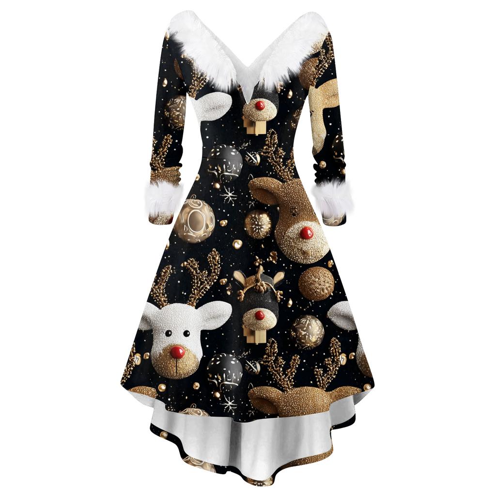 Dame Mote Casual V-hals Juleprint Langermet Kjole