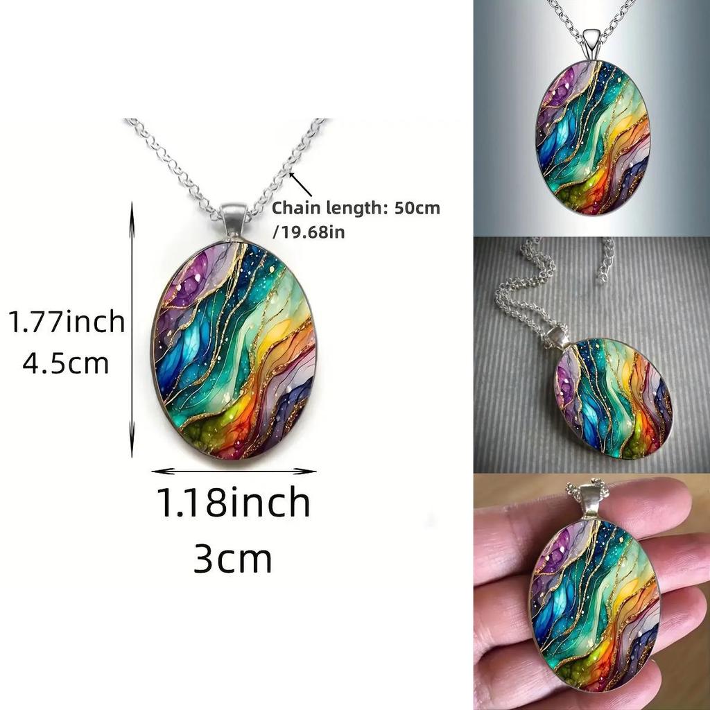 Fantasy Wave Pattern Glass Pendant Necklace With Chain For Fashion Enthusiasts