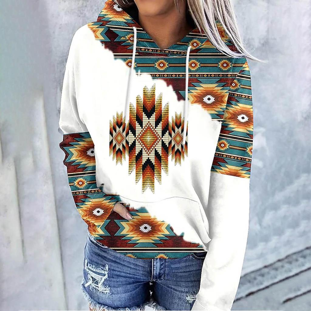 Lässiges, langärmliges Pullover-Oberteil mit Kordelzug für Damen mit geometrischem Pferdemuster, Kapuzen-Sweatshirt im Ethno-Stil