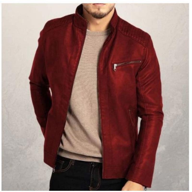 European & American Men's PU Leather Motorcycle Jacket - Stand Collar Punk Style for Teens & Adults.