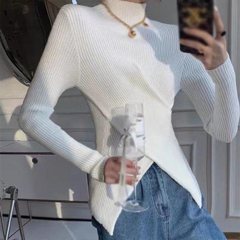 Autumn Half Turtleneck Knitted Sweater Bottoming Top For Women Slimming Niche Hem Slit Pullover Tops