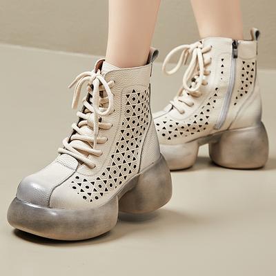 Moda GKTINOO Primavera Verão Vazado Mulheres Senhoras Mocassins Zíper Macio Sandálias da Moda Sapatos de Plataforma Mulheres Botas de Tornozelo de Couro Genuíno