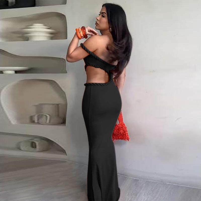 Women Sexy Off Shoulder Hollow Out Waist Exposed Slim Fit Bodycon Long Dress