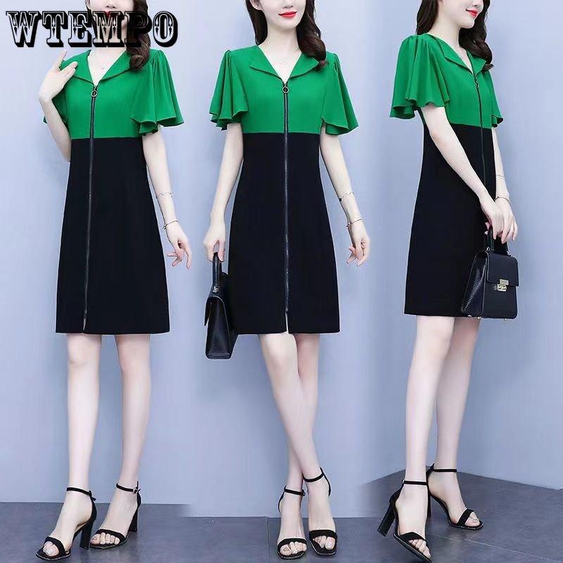 Dámský temperament Klopa Zip Kolizní barevné prošívání Šaty Léto Elegantní manžety Volánková ozdoba A-linie Dojížděcí šaty