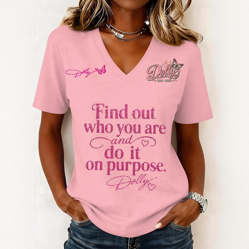 Women's Fashion Casual Letter Print V-Neck Short Sleeve Pullover Top