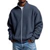 Mens Grey Waffle Knit Zip-Up Jacket Stand Collar Loose Fit Long Sleeve Casual Solid Color Top